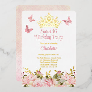 Crown Butterflies Pink Floral Sweet 16 Birthday Foil Invitation
