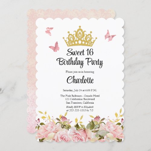 Crown  Butterflies Pink Floral Sweet 16 Birthday Invitation