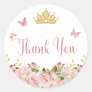 Crown Butterflies Pink Floral Thank You Classic Round Sticker