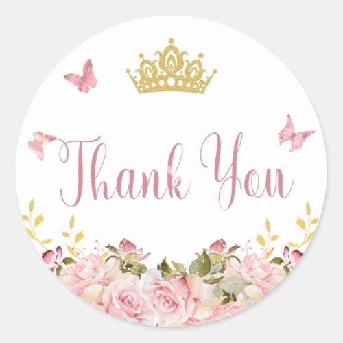 Crown  Butterflies Pink Floral Thank You Classic Round Sticker