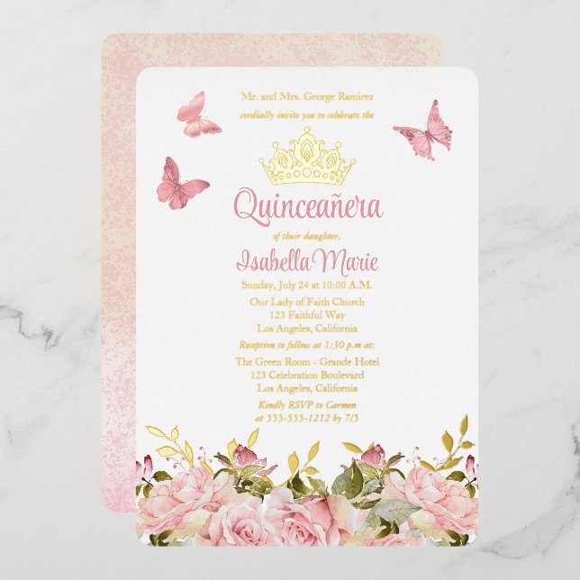 Crown | Butterflies Pink Rose Floral Quinceañera  Foil Invitation (Front/Back)