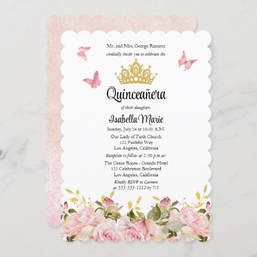 Crown  Butterflies Pink Rose Floral Quinceaera  Invitation