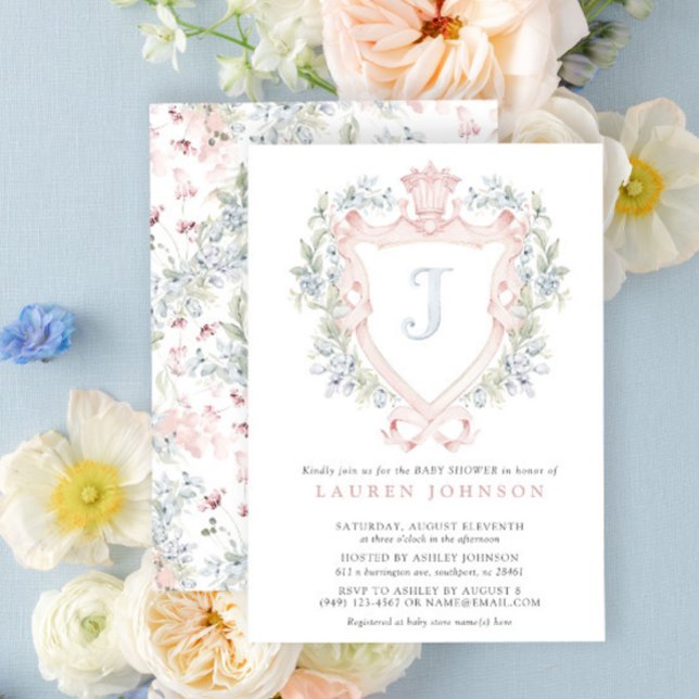 Crown Crest Monogram Pink Blue Baby Shower Invitation (Easily personalize this crest baby shower invitation for a grand, beautiful baby shower!)
