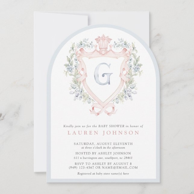 Crown Crest Monogram Pink Blue Baby Shower Invitation (Front)