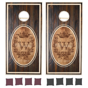 Crown Crest Wood Tone Monogram Oval Design Cornhole Set