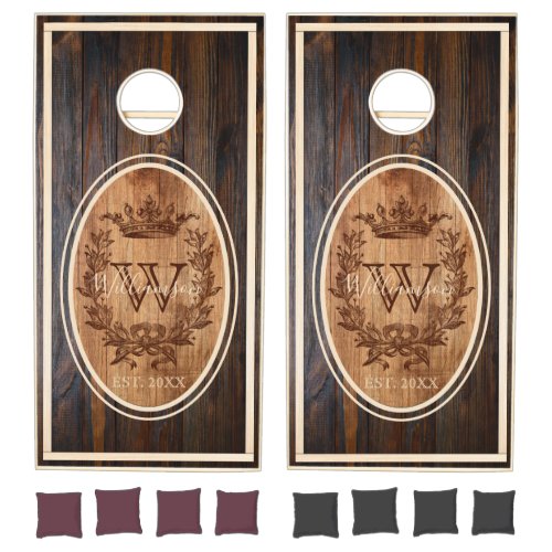 Crown Crest Wood Tone Monogram Oval Design Cornhole Set