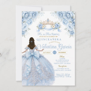Crown Dusty Blue Crown Gold Quinceañera Invitation