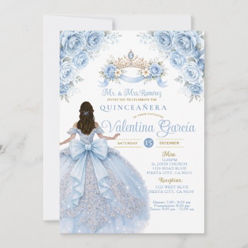 Crown Dusty Blue Crown Gold Quinceañera Invitation
