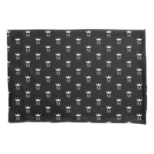 Crown Elegant Monogram Pattern Black White and Red Pillow Case