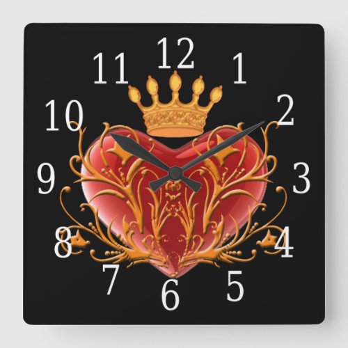 Crown Filigree Heart Square Clock