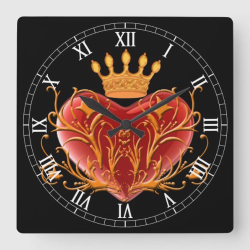 Crown Filigree Heart Square Roman Numerals Clock