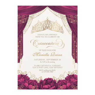 Crown Floral Burgundy Modern Quinceanera Invitation