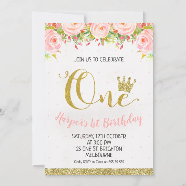 Crown Floral Princess 1st Birthday Invitation | Zazzle