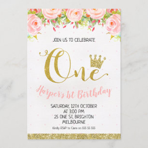 Crown Floral Princess 1st Birthday Invitation