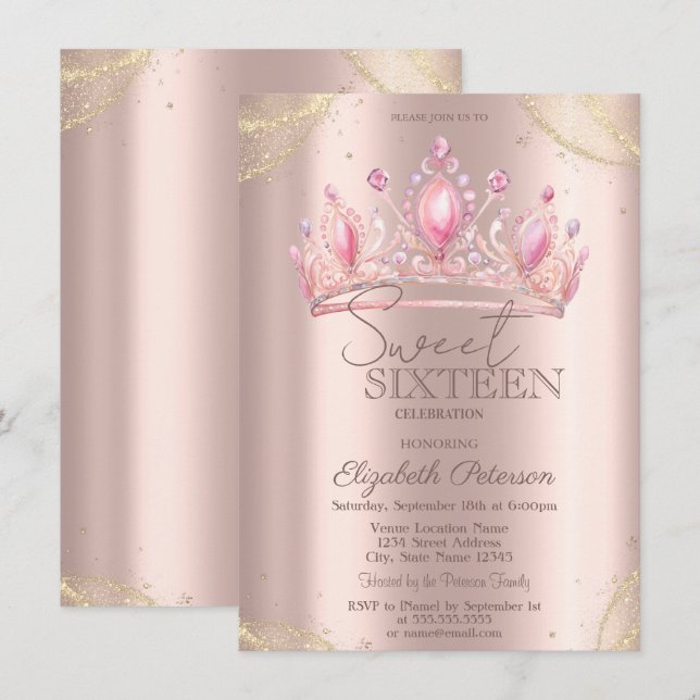  Crown Gold Glitter Corners Rose Gold Sweet 16   Invitation (Front/Back)