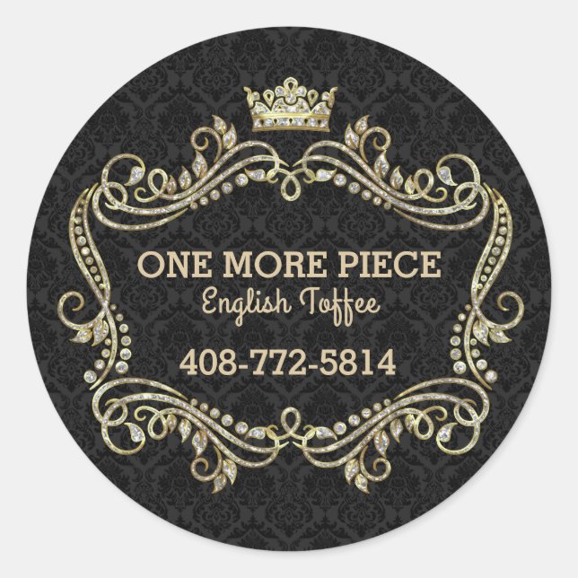 Crown Gold Glitter & Swirly Floral Frame Classic Round Sticker (Front)