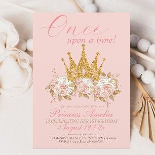Crown gold pink rose Princess 1st Birthday Party  Invitation