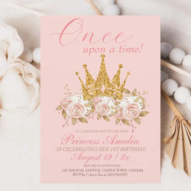Crown gold pink rose Princess 1st Birthday Party Invitation | Zazzle