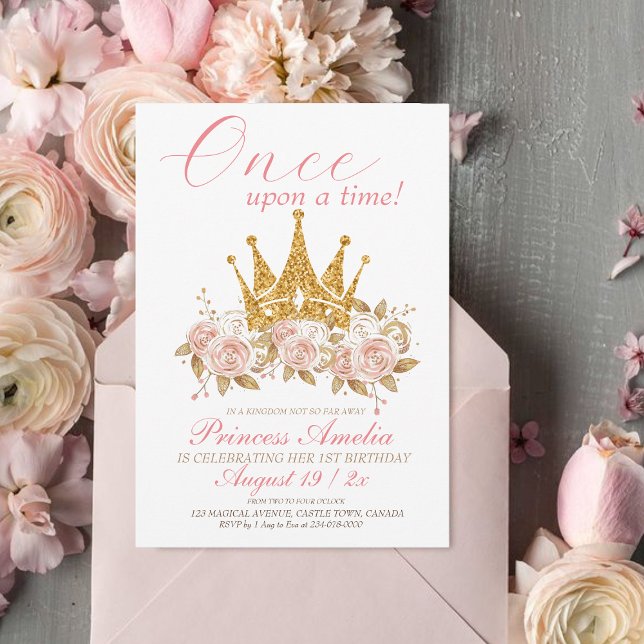 Crown gold roses Princess 1st Birthday Party  Invitation (Creator Uploaded)