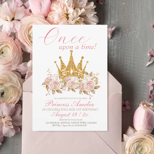 Crown gold roses Princess 1st Birthday Party Invitation | Zazzle