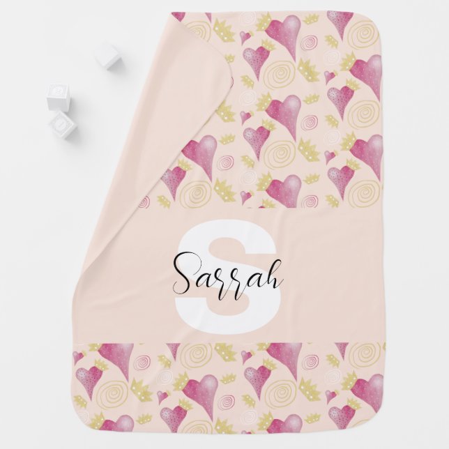 Crown Heart Blush And Gold Watercolor Monogrammed Baby Blanket (In Situ)