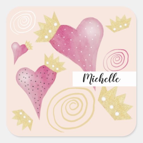 Crown Heart Blush And Gold Watercolor Monogrammed Square Sticker