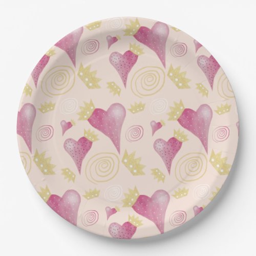 Crown Heart Blush And Gold Watercolor Paper Plates