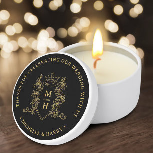 Crown leaves drawn monogram black gold wedding mini candle favors