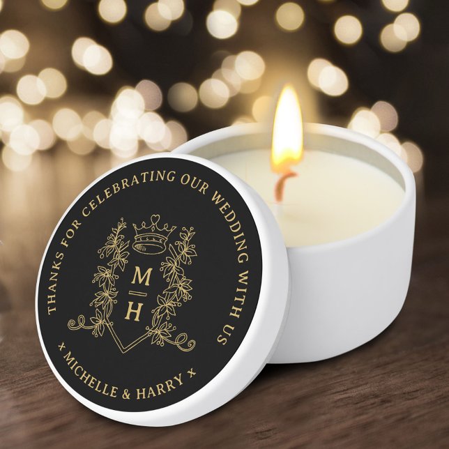 Crown leaves drawn monogram black gold wedding mini candle favors (Creator Uploaded)