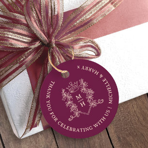 Crown leaves drawn monogram deep red wedding favor tags