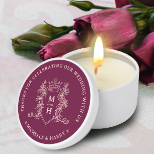 Crown leaves drawn monogram deep red wedding mini candle favors
