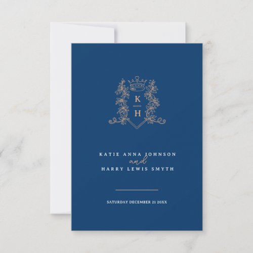 Crown leaves monogram wedding blue rose gold RSVP card