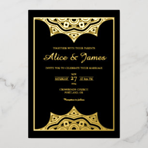 Crown Mandala Elegant Black Gold Foil Wedding Invitation