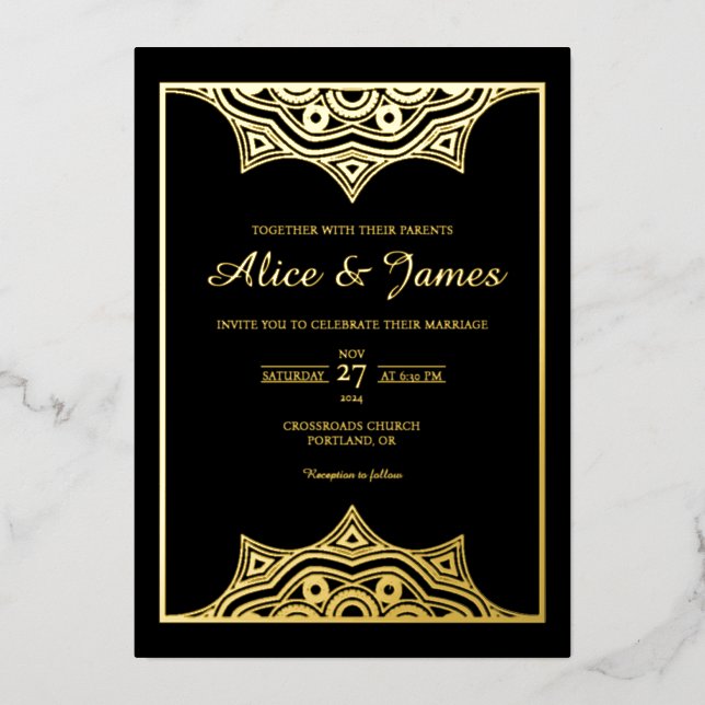 Crown Mandala Elegant Black Gold Foil Wedding Invitation (Front)