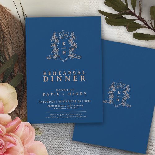 Crown monogram blue rose gold wedding rehearsal invitation