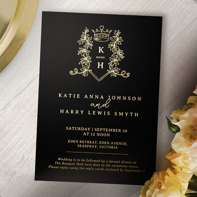 Crown monogram foilage wedding black gold  foil invitation (Creator Uploaded)