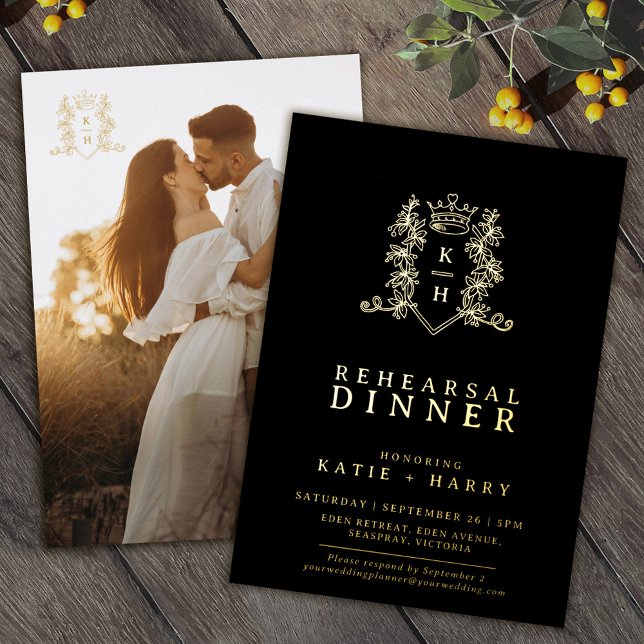 Crown monogram gold black wedding rehearsal dinner foil invitation (Creator Uploaded)