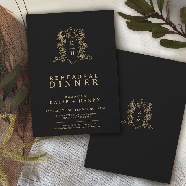 Crown monogram gold black wedding rehearsal invitation (Creator Uploaded)