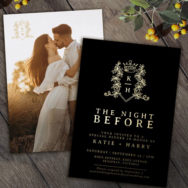 Crown monogram gold black wedding the night before foil invitation (Creator Uploaded)