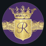 Crown Monogram, Gold Tones Classic Round Sticker<br><div class="desc">Crown and shield decorative monogram in gold tones. Enter your initial.</div>