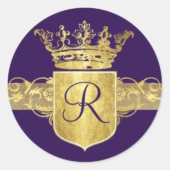 Crown Monogram  Gold Tones Classic Round Sticker by TimeEchoArt at Zazzle
