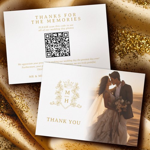 Crown monogram gold wedding Photos QR Code Thank You Card