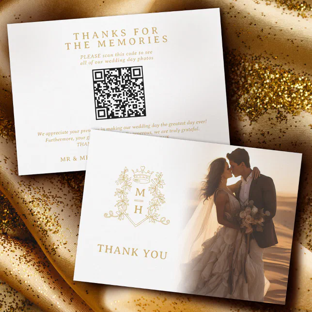 Crown monogram gold wedding Photos QR Code Thank You Card | Zazzle