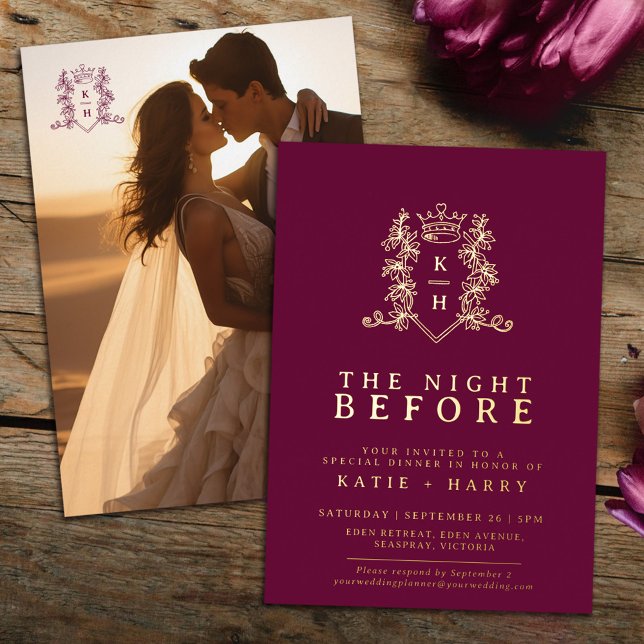 Crown monogram gold wine red wedding night before foil invitation (Creator Uploaded)