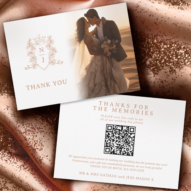 Crown monogram rose gold wedding Photos QR Code Thank You Card (Creator Uploaded)