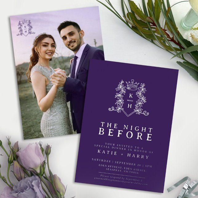 Crown monogram silver purple wedding night before foil invitation (Creator Uploaded)