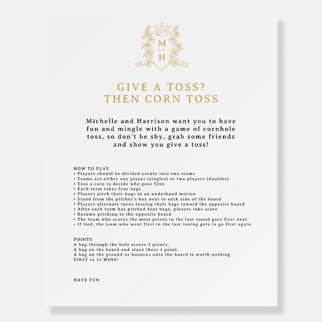 Crown monogram wedding black gold cornhole rules foam board (Front)