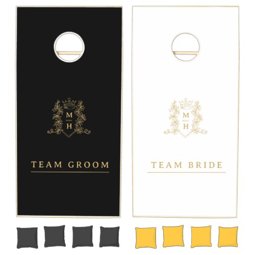 Crown monogram wedding gold white black teams cornhole set