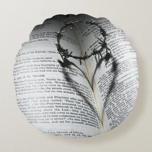 Crown of Thorns Heart and Bible Round Pillow