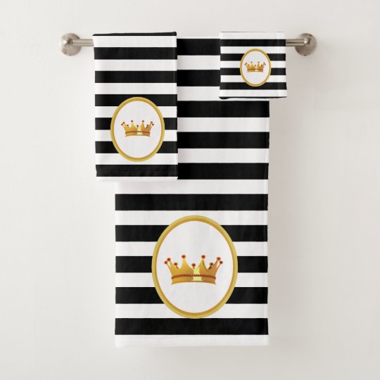 Crown on Black & White Striped Bath Towel Set